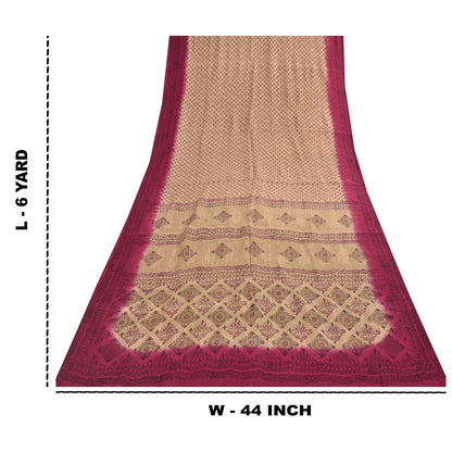 Sanskriti Vintage Sarees Peach Indian Pure Silk Printed Sari 6yd Craft Fabric