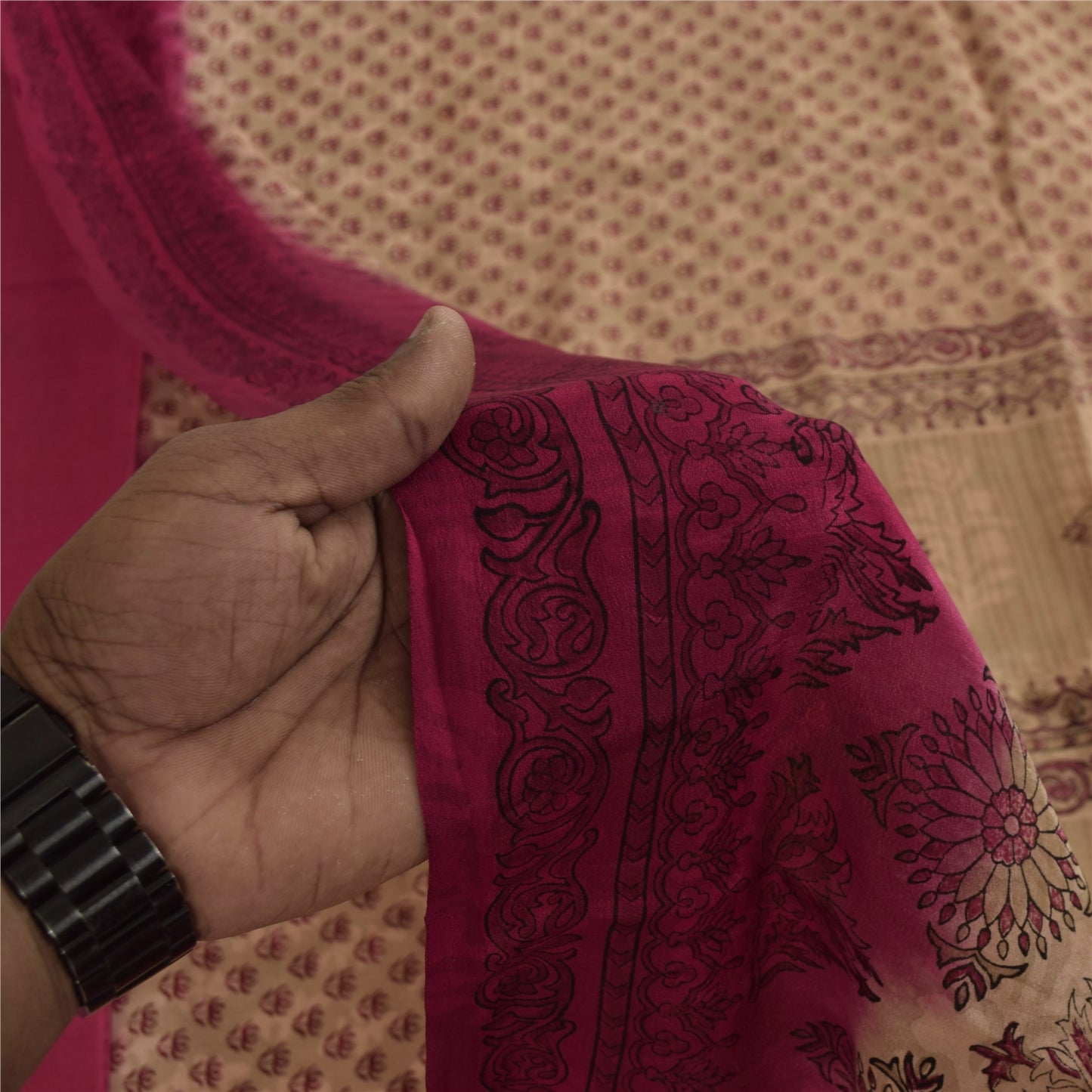 Sanskriti Vintage Sarees Peach Indian Pure Silk Printed Sari 6yd Craft Fabric