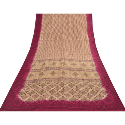 Sanskriti Vintage Sarees Peach Indian Pure Silk Printed Sari 6yd Craft Fabric