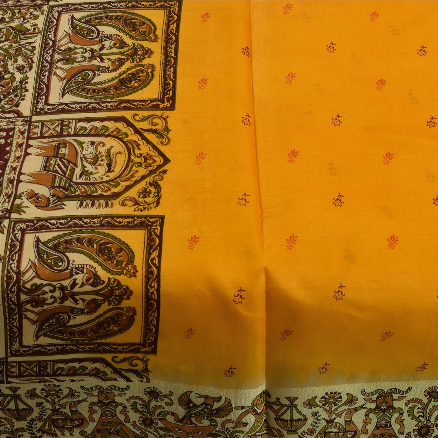 Санскритские винтажные сари из желтого чистого шелка с принтом людей и животных, ткань 5+ ярдов