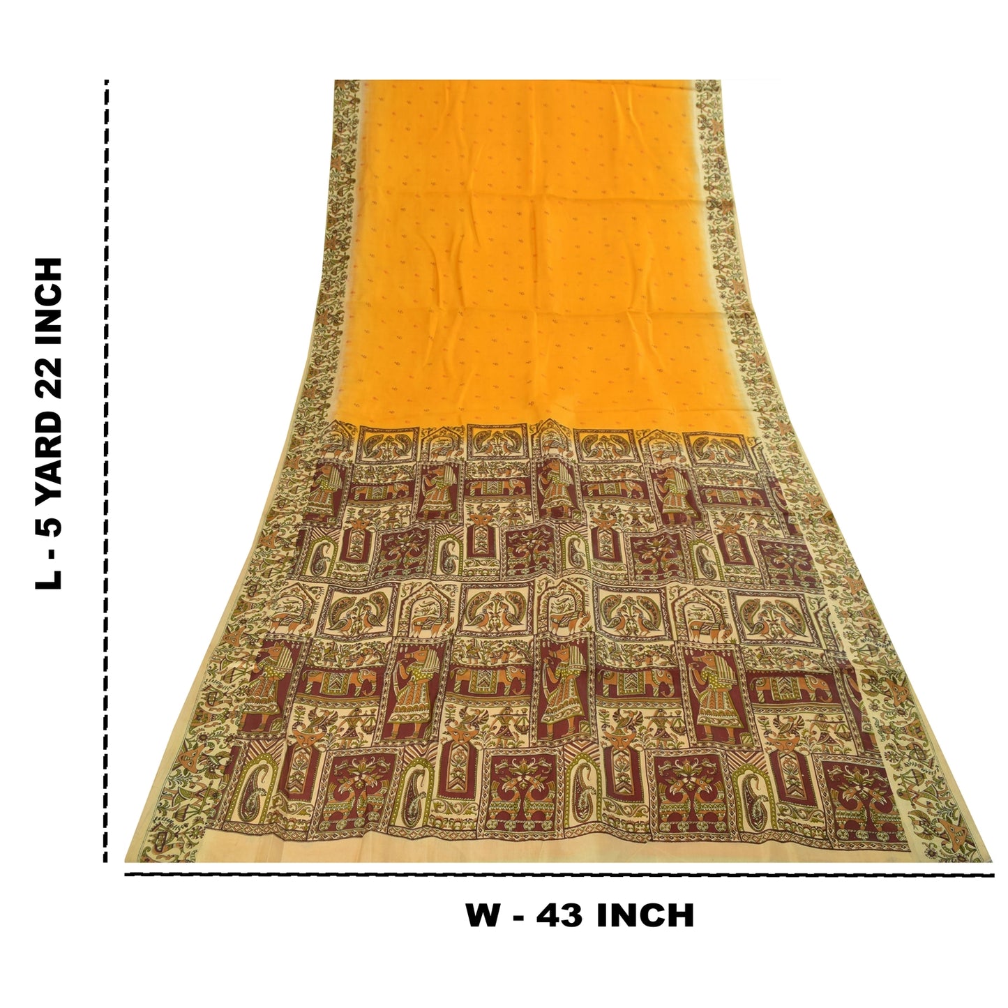 Санскритские винтажные сари из желтого чистого шелка с принтом людей и животных, ткань 5+ ярдов