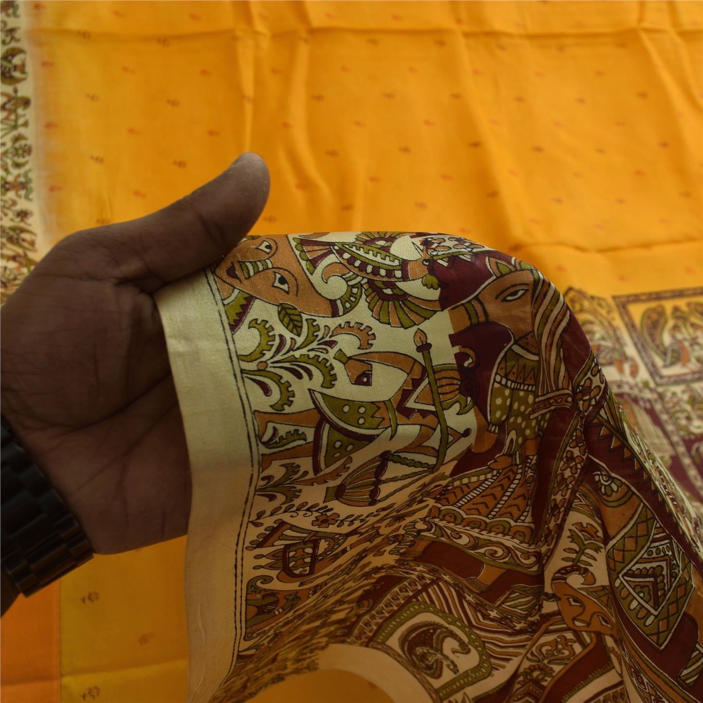 Санскритские винтажные сари из желтого чистого шелка с принтом людей и животных, ткань 5+ ярдов