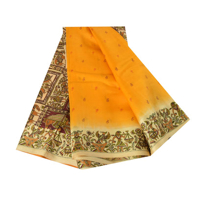 Санскритские винтажные сари из желтого чистого шелка с принтом людей и животных, ткань 5+ ярдов