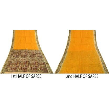 Санскритские винтажные сари из желтого чистого шелка с принтом людей и животных, ткань 5+ ярдов