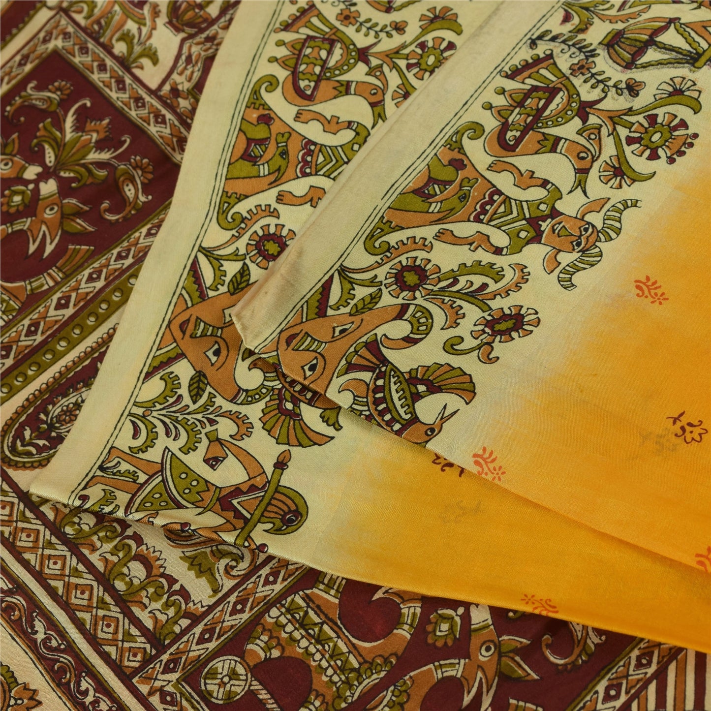 Санскритские винтажные сари из желтого чистого шелка с принтом людей и животных, ткань 5+ ярдов