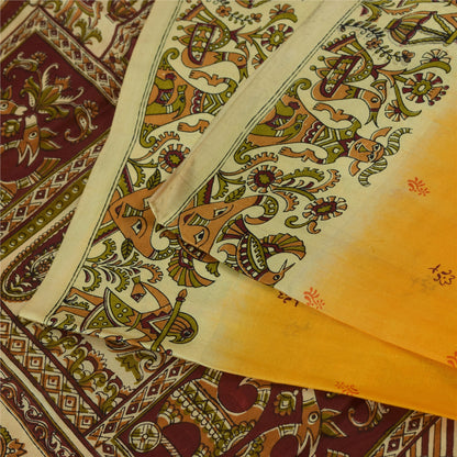 Санскритские винтажные сари из желтого чистого шелка с принтом людей и животных, ткань 5+ ярдов