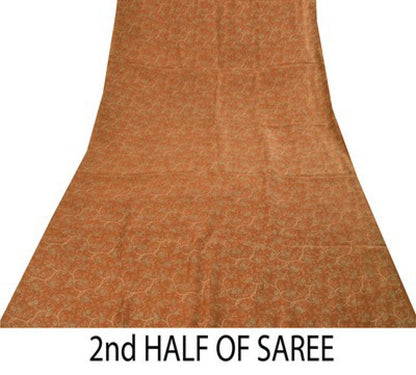 Sanskriti Vintage Sarees Orange Indian Pure Silk Printed Sari 6+yd Craft Fabric