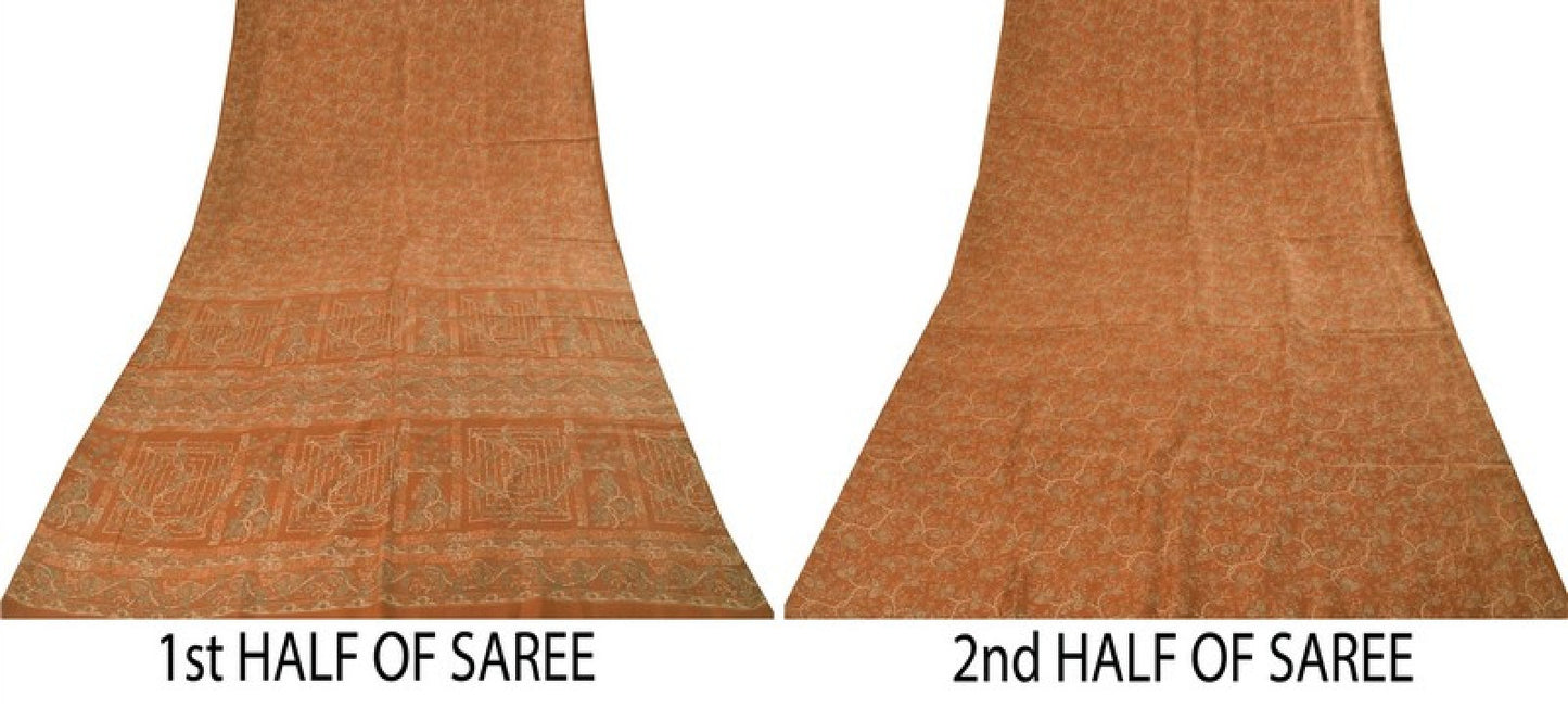 Sanskriti Vintage Sarees Orange Indian Pure Silk Printed Sari 6+yd Craft Fabric