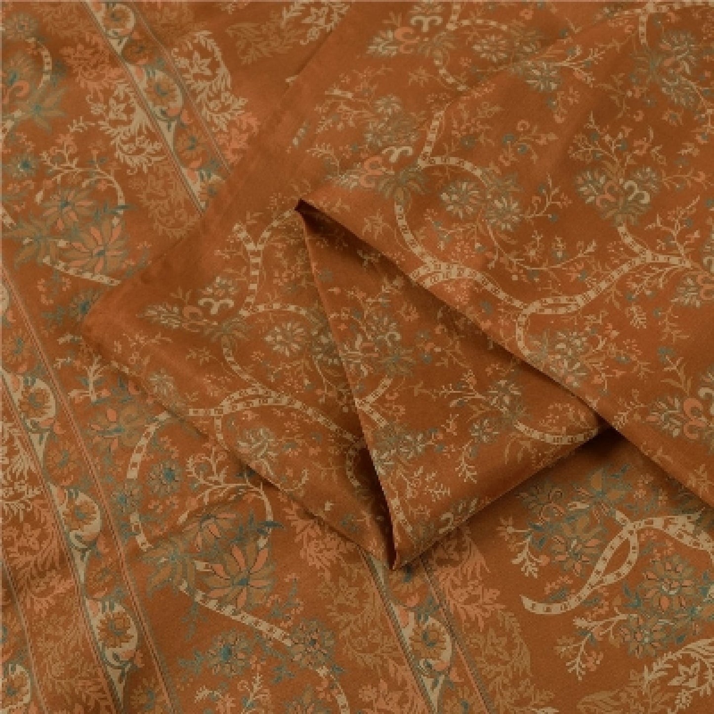 Sanskriti Vintage Sarees Orange Indian Pure Silk Printed Sari 6+yd Craft Fabric