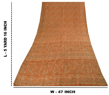 Sanskriti Vintage Sarees Orange Indian Pure Silk Printed Sari 6+yd Craft Fabric