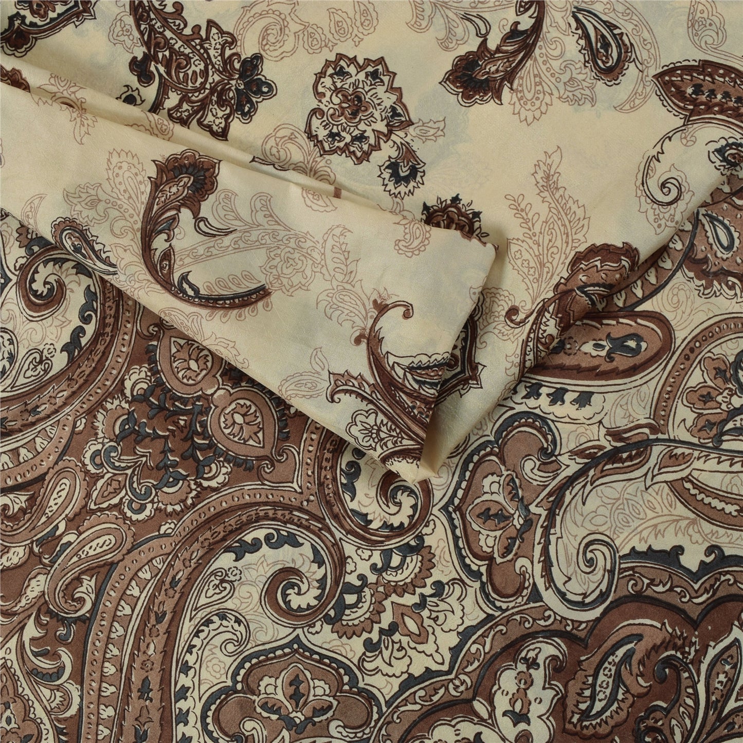 Sanskriti Vintage Sarees Ivory & Brown Pure Silk Printed Sari 5+yd Craft Fabric