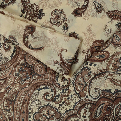 Sanskriti Vintage Sarees Ivory & Brown Pure Silk Printed Sari 5+yd Craft Fabric