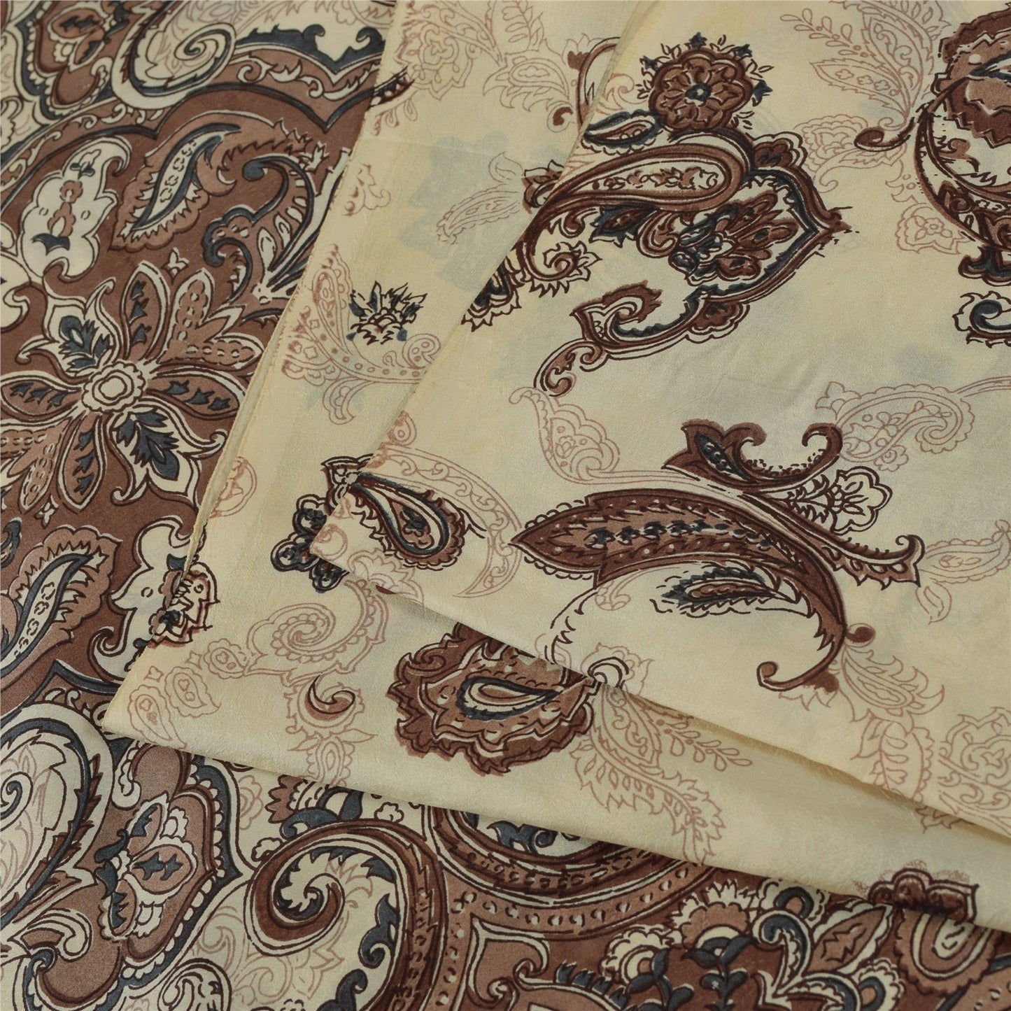 Sanskriti Vintage Sarees Ivory & Brown Pure Silk Printed Sari 5+yd Craft Fabric