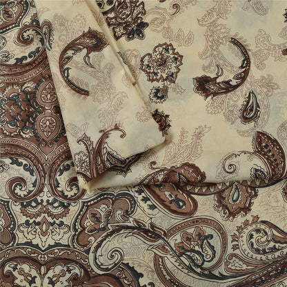 Sanskriti Vintage Sarees Ivory & Brown Pure Silk Printed Sari 5+yd Craft Fabric