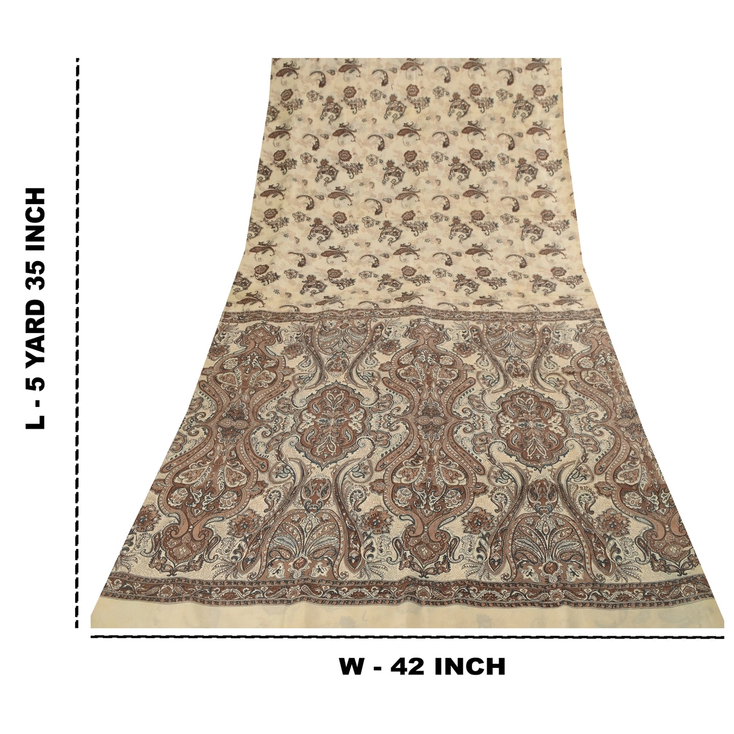Sanskriti Vintage Sarees Ivory & Brown Pure Silk Printed Sari 5+yd Craft Fabric