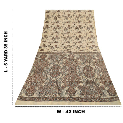 Sanskriti Vintage Sarees Ivory & Brown Pure Silk Printed Sari 5+yd Craft Fabric