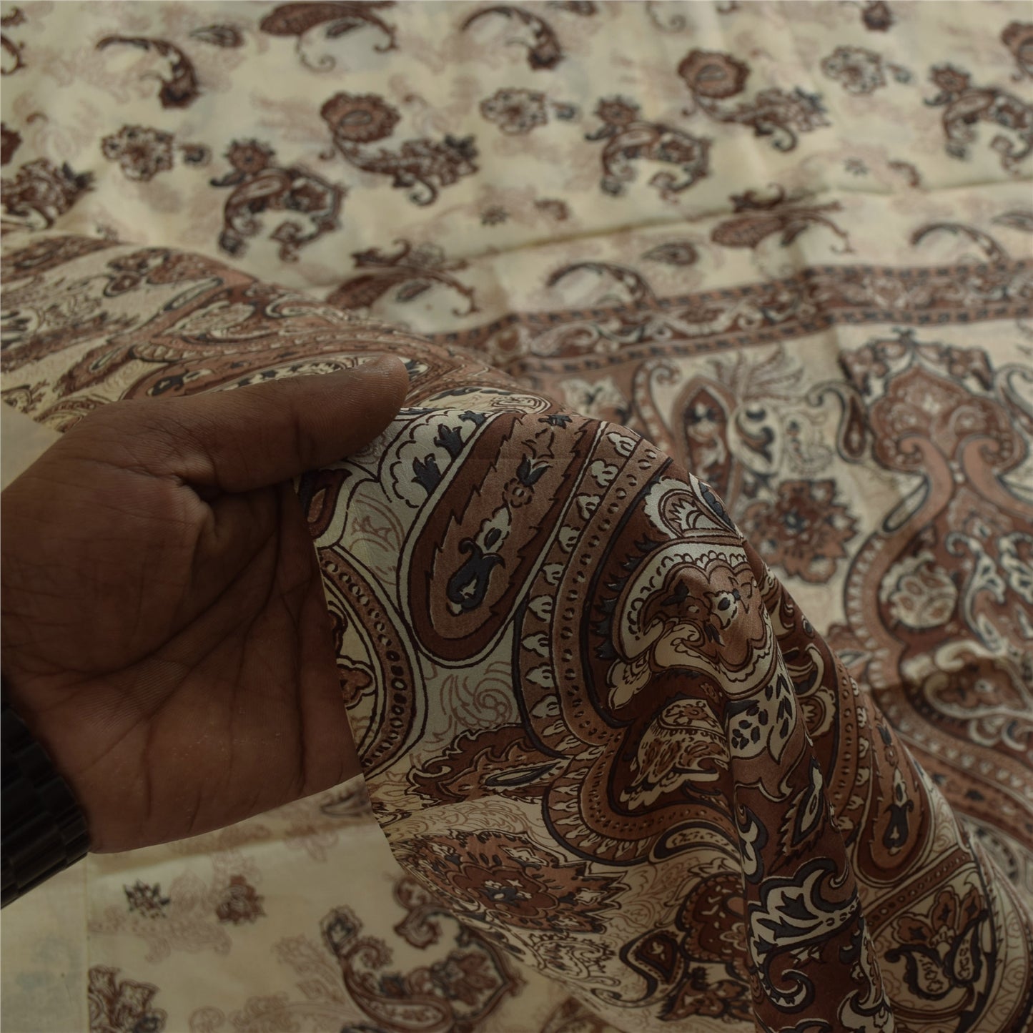 Sanskriti Vintage Sarees Ivory & Brown Pure Silk Printed Sari 5+yd Craft Fabric