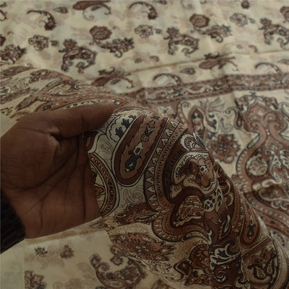 Sanskriti Vintage Sarees Ivory & Brown Pure Silk Printed Sari 5+yd Craft Fabric