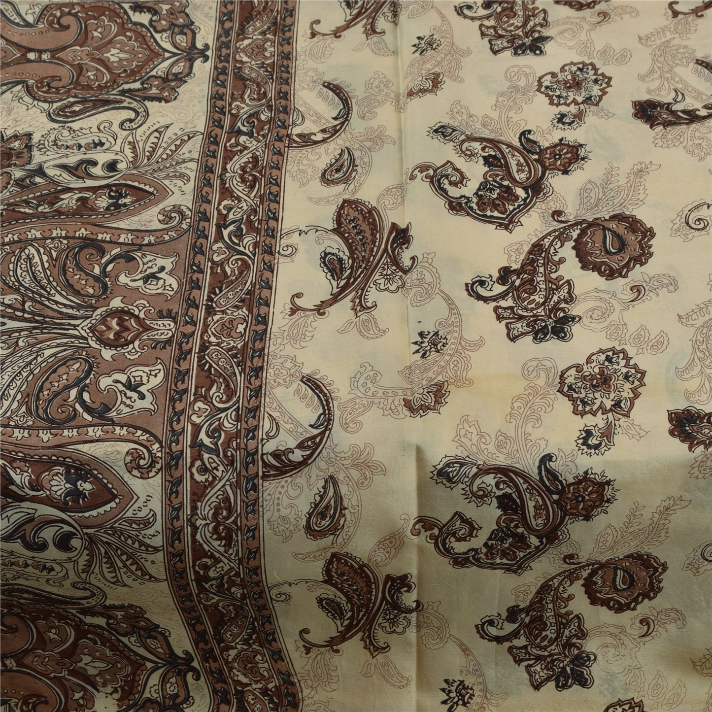 Sanskriti Vintage Sarees Ivory & Brown Pure Silk Printed Sari 5+yd Craft Fabric