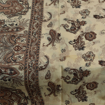 Sanskriti Vintage Sarees Ivory & Brown Pure Silk Printed Sari 5+yd Craft Fabric