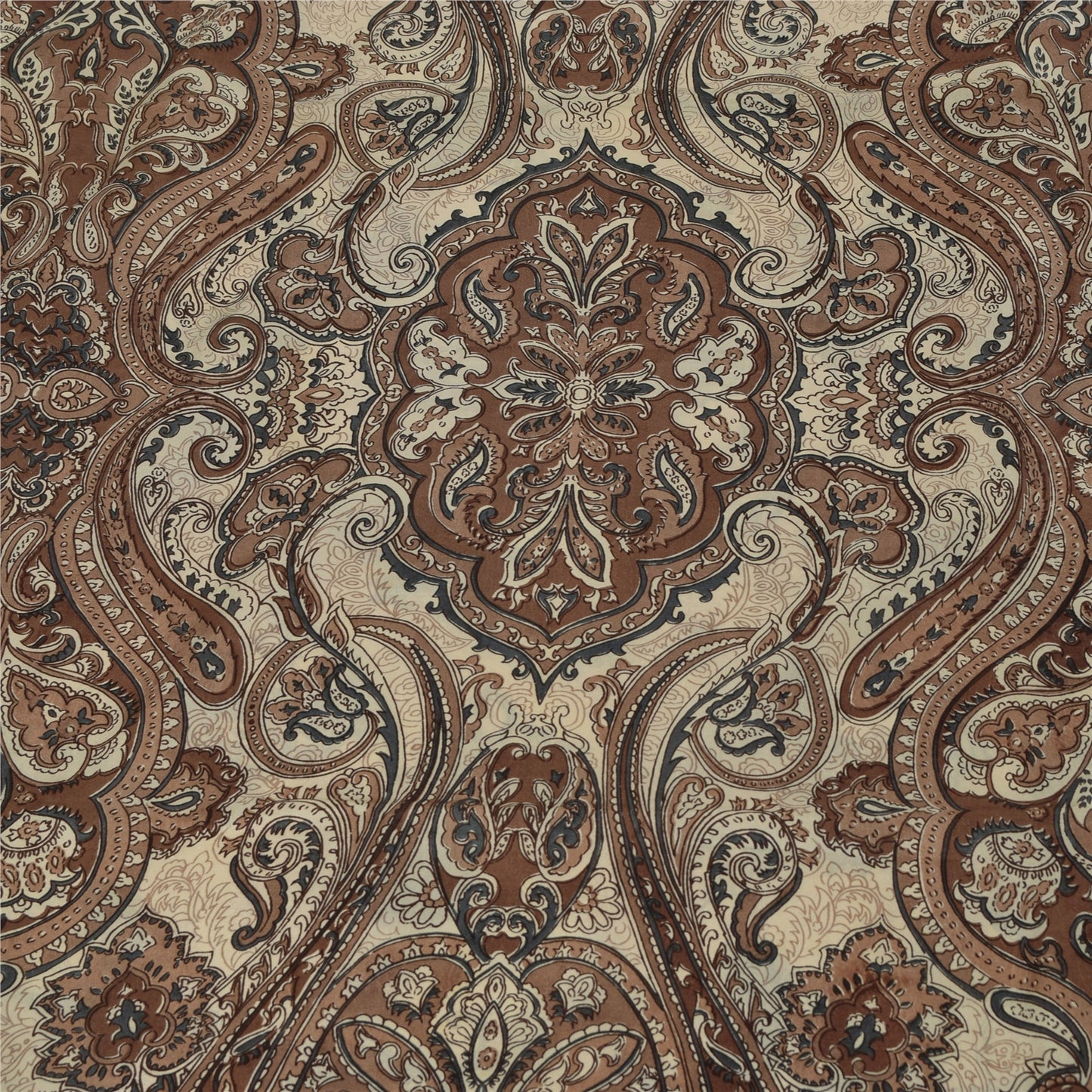 Sanskriti Vintage Sarees Ivory & Brown Pure Silk Printed Sari 5+yd Craft Fabric