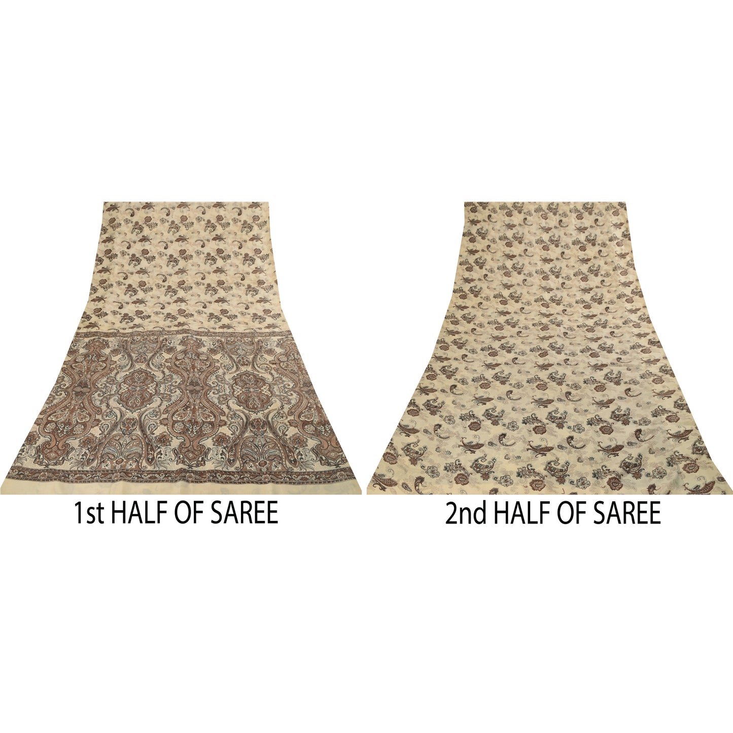 Sanskriti Vintage Sarees Ivory & Brown Pure Silk Printed Sari 5+yd Craft Fabric