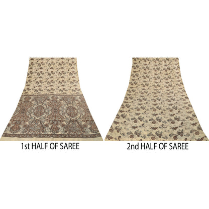 Sanskriti Vintage Sarees Ivory & Brown Pure Silk Printed Sari 5+yd Craft Fabric