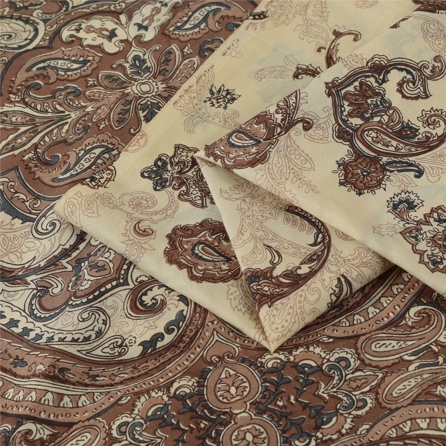 Sanskriti Vintage Sarees Ivory & Brown Pure Silk Printed Sari 5+yd Craft Fabric