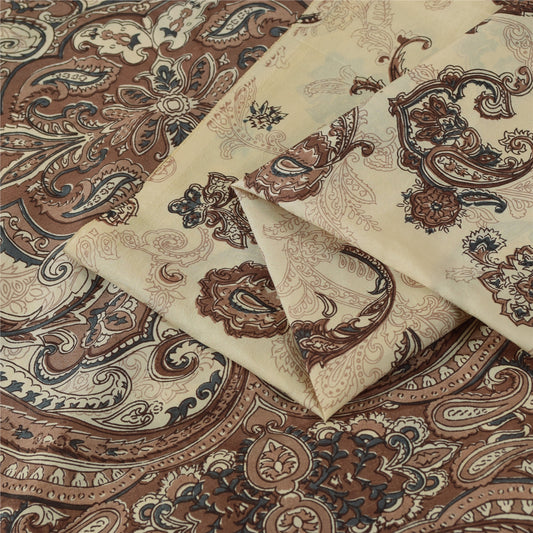 Sanskriti Vintage Sarier Elfenben &amp; Brun Ren Silke Trykt Sari 5+ yard Håndværksstof