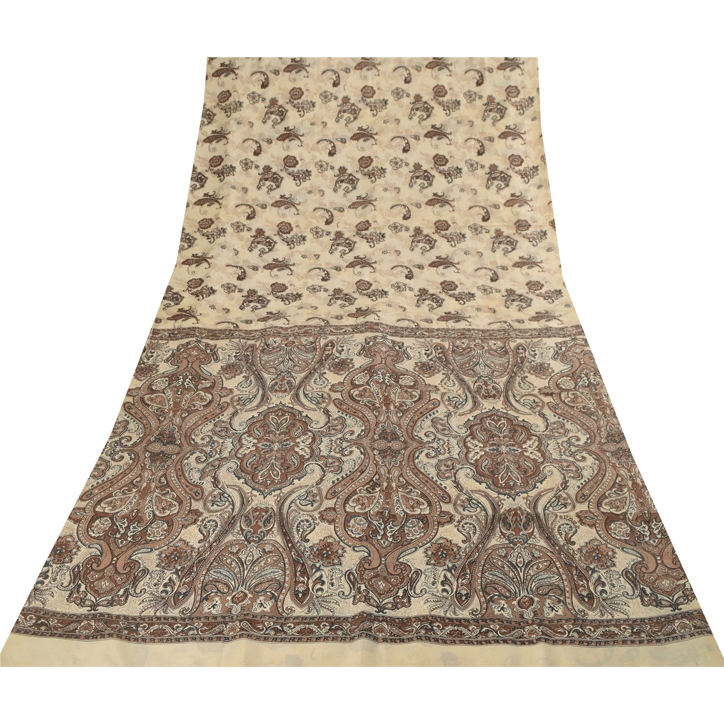 Sanskriti Vintage Sarees Ivory & Brown Pure Silk Printed Sari 5+yd Craft Fabric