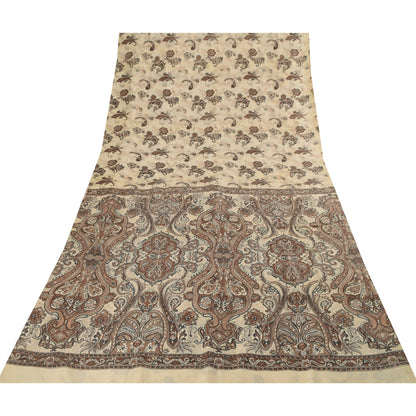 Sanskriti Vintage Sarees Ivory & Brown Pure Silk Printed Sari 5+yd Craft Fabric
