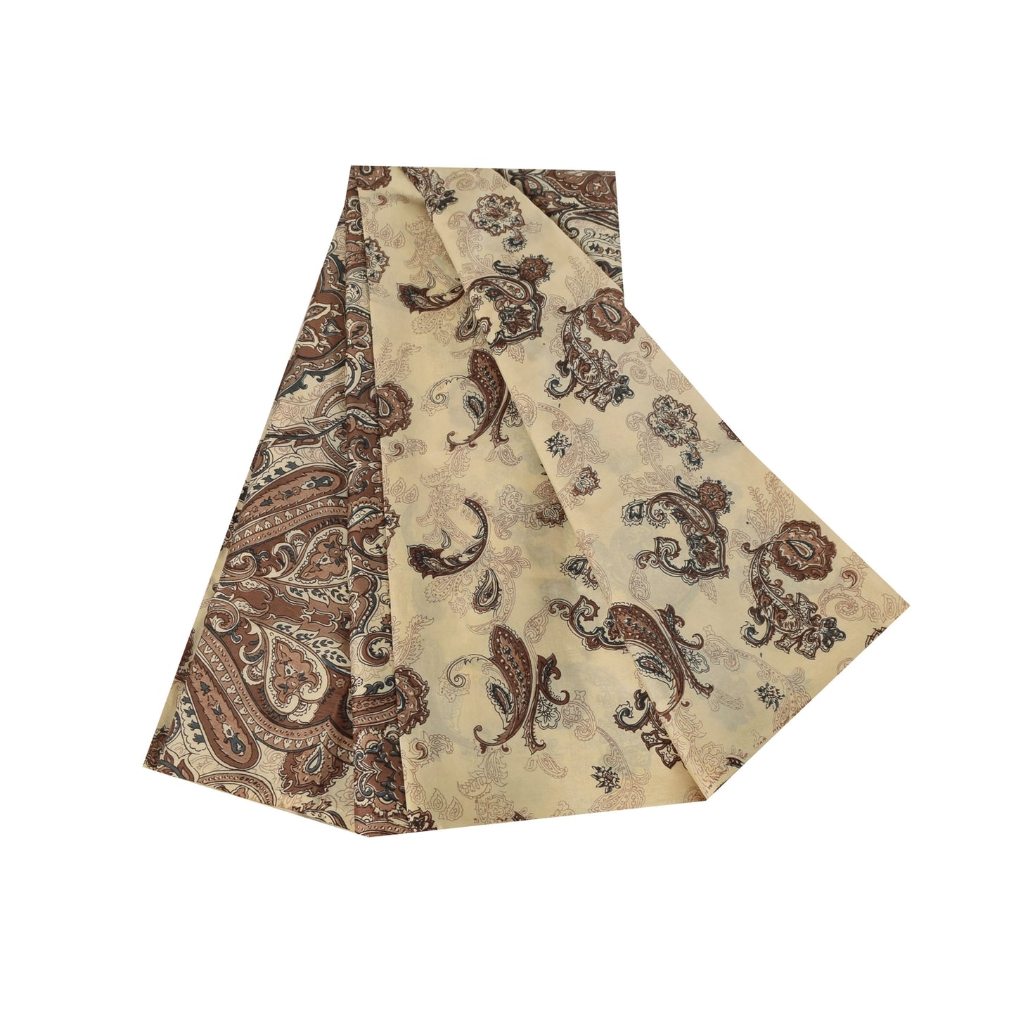 Sanskriti Vintage Sarees Ivory & Brown Pure Silk Printed Sari 5+yd Craft Fabric
