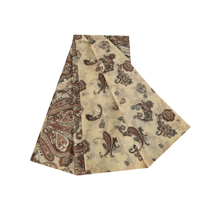 Sanskriti Vintage Sarees Ivory & Brown Pure Silk Printed Sari 5+yd Craft Fabric
