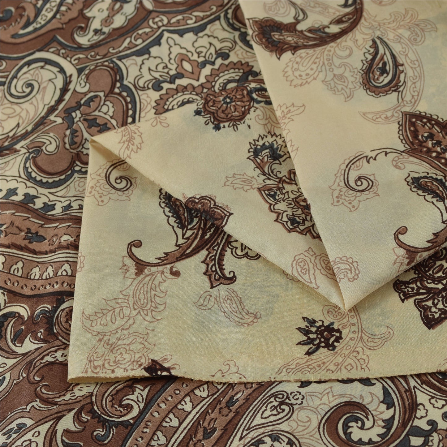 Sanskriti Vintage Sarees Ivory & Brown Pure Silk Printed Sari 5+yd Craft Fabric