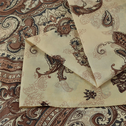 Sanskriti Vintage Sarees Ivory & Brown Pure Silk Printed Sari 5+yd Craft Fabric