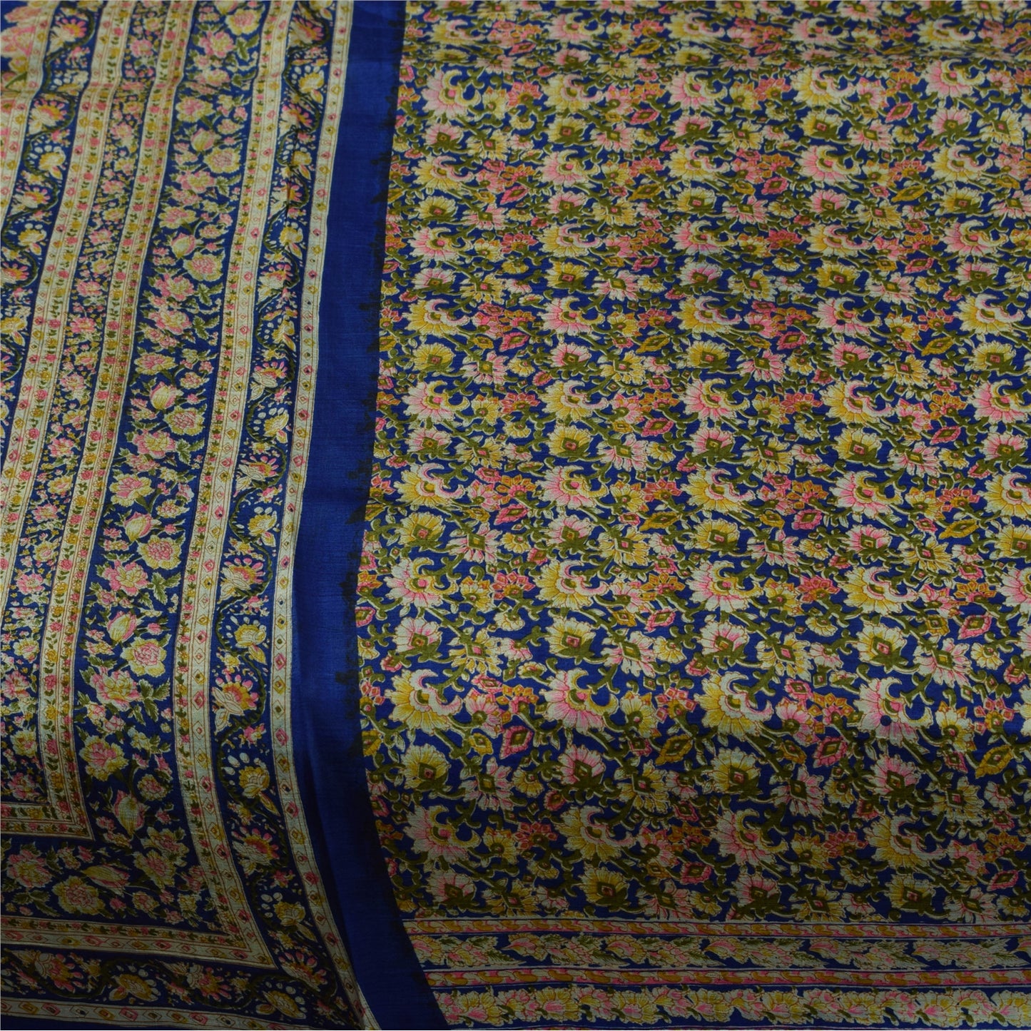 Sanskriti Vintage Sarees Blå Indisk Ren Silke Trykt Sari 5+ yard Håndværksstof