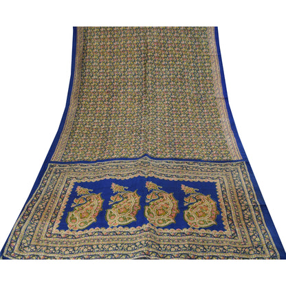 Sanskriti Vintage Sarees Blå Indisk Ren Silke Trykt Sari 5+ yard Håndværksstof