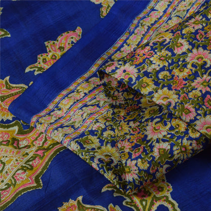 Sanskriti Vintage Sarees Blå Indisk Ren Silke Trykt Sari 5+ yard Håndværksstof