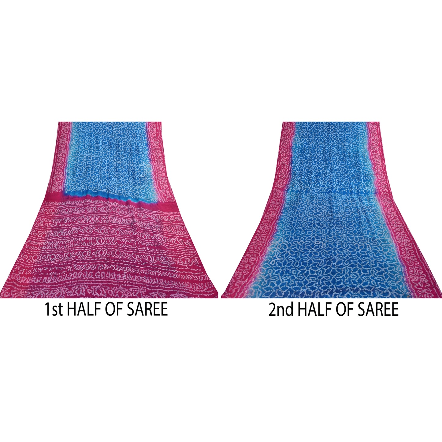 Sanskriti Vintage Sarees Blue & Pink Pure Silk Bandhani Printed Sari 5+yd Fabric