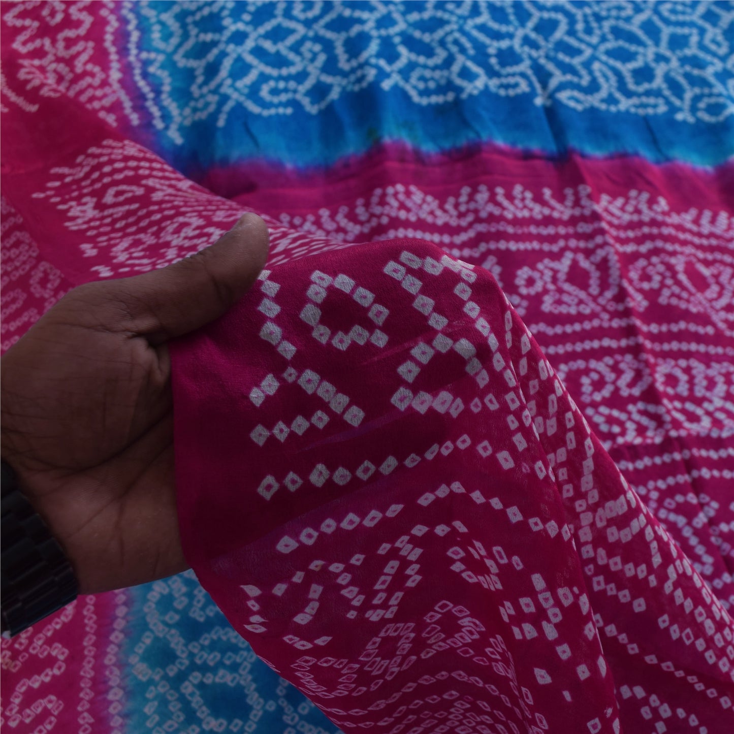 Sanskriti Vintage Sarees Blue & Pink Pure Silk Bandhani Printed Sari 5+yd Fabric