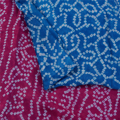 Sanskriti Vintage Sarees Blue & Pink Pure Silk Bandhani Printed Sari 5+yd Fabric