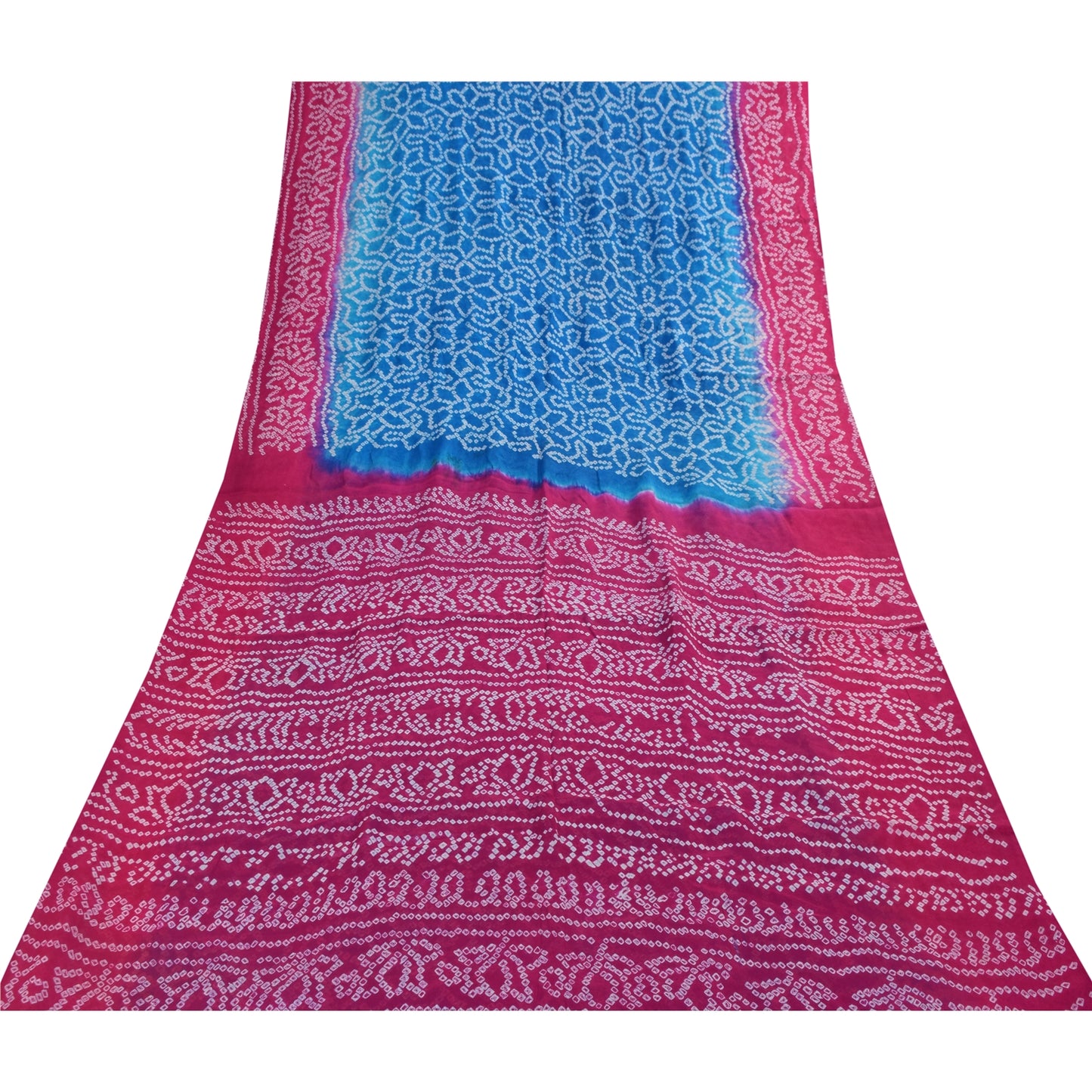 Sanskriti Vintage Sarees Blue & Pink Pure Silk Bandhani Printed Sari 5+yd Fabric