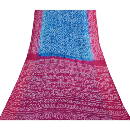 Sanskriti Vintage Sarees Blue & Pink Pure Silk Bandhani Printed Sari 5+yd Fabric