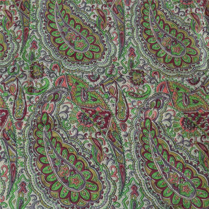 Sanskriti Vintage Sarees Ivory 100% Pure Silk Printed Sari 6yd Craft Fabric