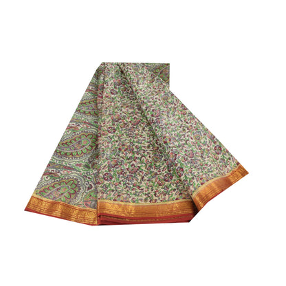 Sanskriti Vintage Sarees Ivory 100% Pure Silk Printed Sari 6yd Craft Fabric