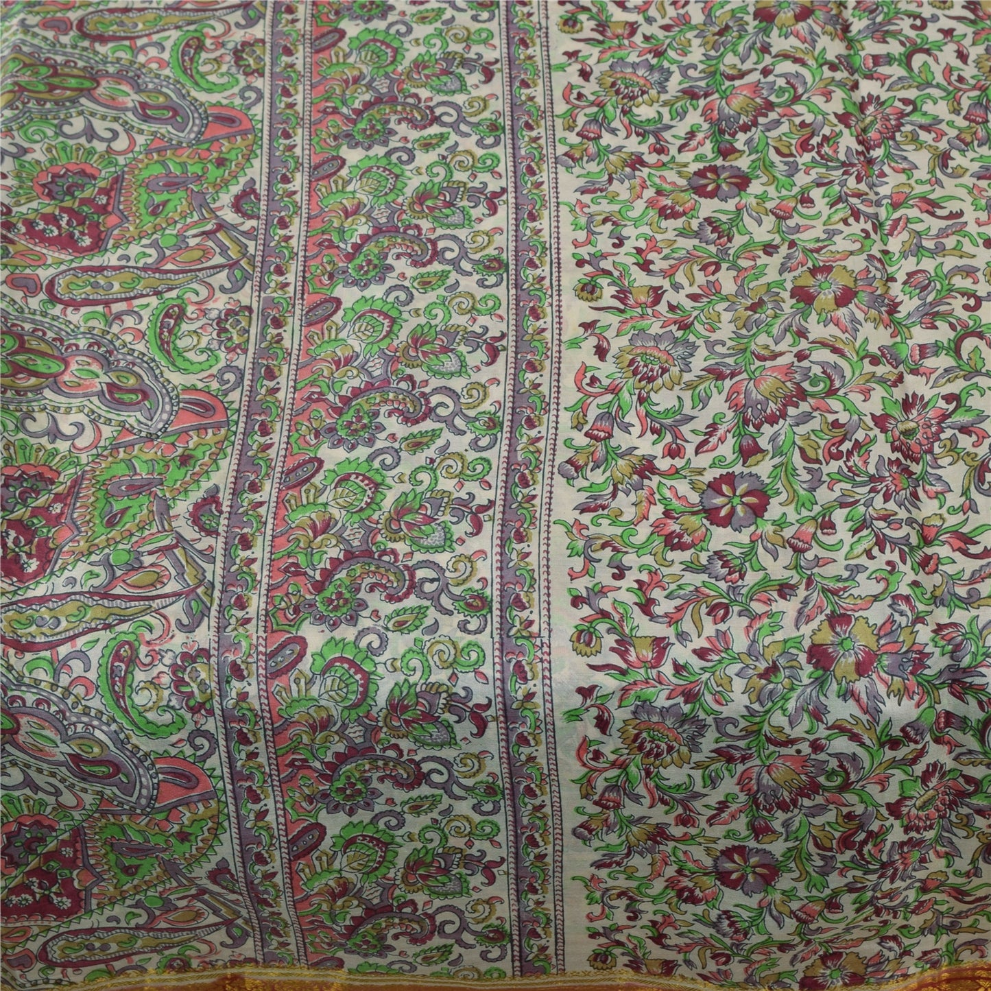 Sanskriti Vintage Sarees Ivory 100% Pure Silk Printed Sari 6yd Craft Fabric