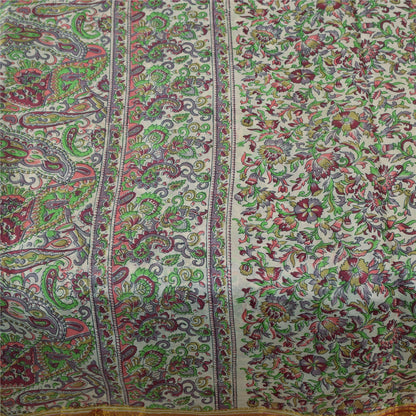 Sanskriti Vintage Sarees Ivory 100% Pure Silk Printed Sari 6yd Craft Fabric