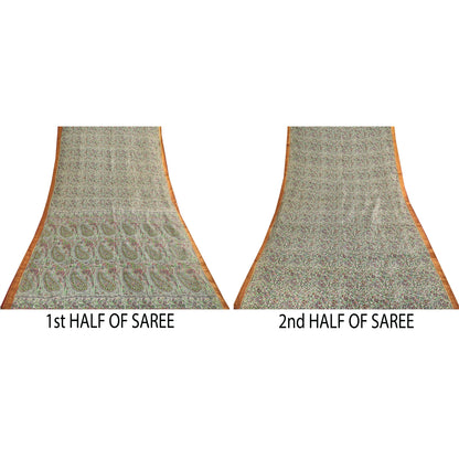 Sanskriti Vintage Sarees Ivory 100% Pure Silk Printed Sari 6yd Craft Fabric