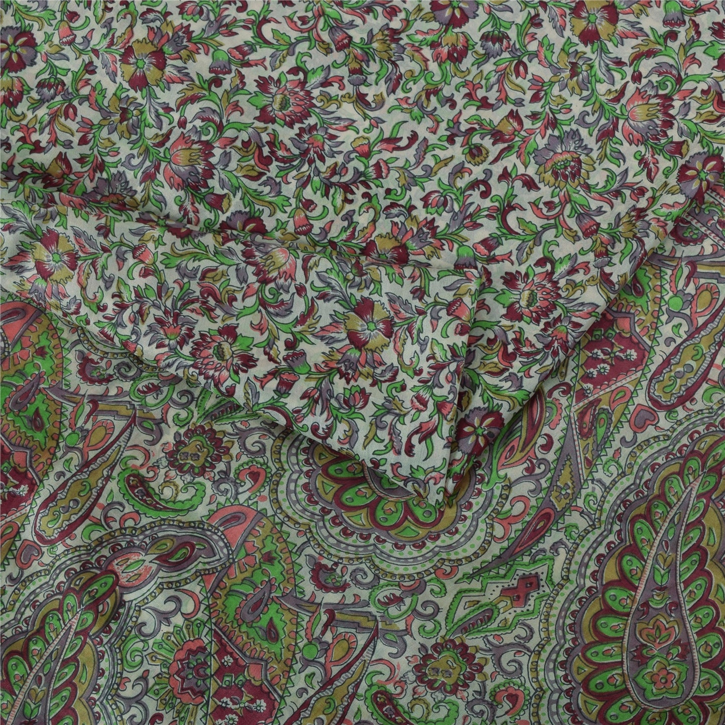 Sanskriti Vintage Sarees Ivory 100% Pure Silk Printed Sari 6yd Craft Fabric