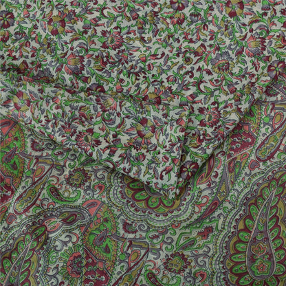 Sanskriti Vintage Sarees Ivory 100% Pure Silk Printed Sari 6yd Craft Fabric
